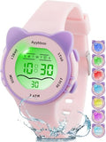 Ayybboo Digital Watches for Girls Boys, 7 Color Lights Water Proof Watches with Alarm Stopwatch,Cute Cat Watch, Presents for Girls Boys Ages 5-13