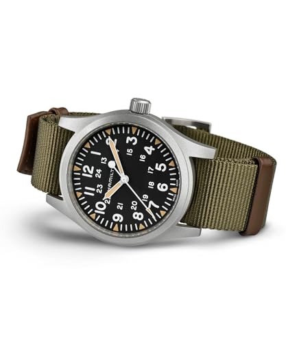 Hamilton Khaki Field Mechanical Men's Watch, 42mm Stainless Steel Case, Swiss Made, Black Dial Analog Wrist Watch for Men, 50m Waterproof, Sapphire Crystal, Textile Strap