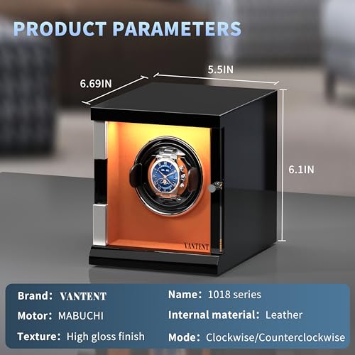 VANTENT Watch Winder for Automatic Watches with LED Lighting，Shining Finishing and Quiet Motor/1 Watch Position/Brown