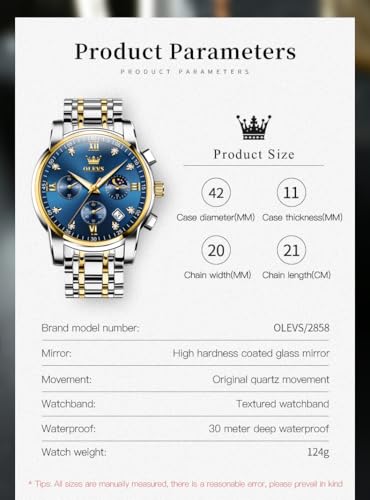 OLEVS Watch for Men Diamond Business Dress Analog Quartz Stainless Steel Waterproof Luminous Date Two Tone Luxury Casual Wrist Watch Blue