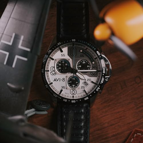 AVI-8 P-51 Mustang Blakeslee Men's Chronograph Pilot Watch – Japanese Meca-Quartz Movement, 43mm Stainless Steel Case, Leather Strap, AV-4077-01