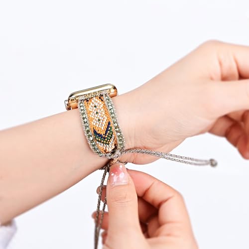 Braided Western Boho Nylon Band Compatible with Apple Watch Bands 38mm 40mm 41mm 42mm 44mm 45mm 49mm, Women Adjustable Bracelet Beaded Bohemian Strap for iWatch Series 9 8 SE Ultra 7 6 5 4 3 2 1 (38mm/40mm/41mm, Boho Green Orange)