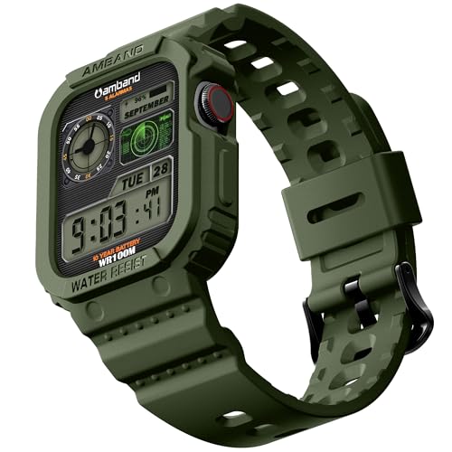 amBand Compatible for Apple Watch Band 41mm 40mm 38mm with Bumper Case, Rugged Men Women Bands for iWatch SE 3 SE2nd SE Series 9 8 7 6 5 4 3 2 1, Sport Military Protective Cases Drop-Proof, Green