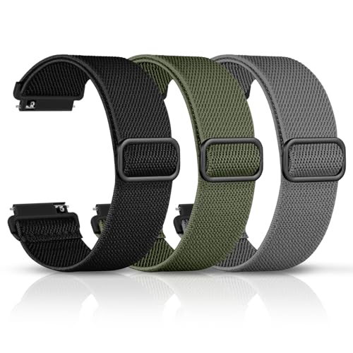 DaQin 3 Pack 20mm Watch Band for Men Women Compatible with 20mm Quick Release Watch Band, Adjustable Soft Stretchy Nylon Solo Loop Strap Elastic Braided Relacement Wristband, Black/Army Green/Grey