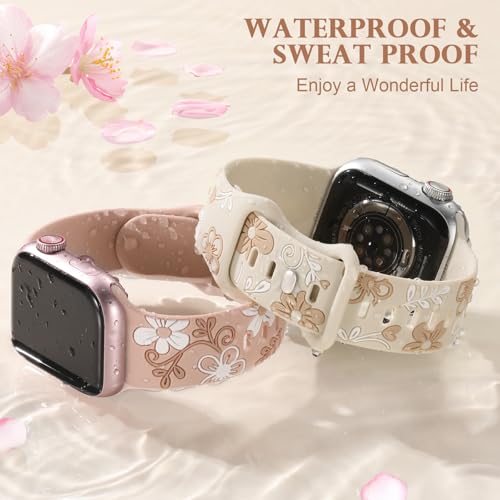 Witzon Floral Band Compatible with Apple Watch Bands For Women 41mm 40mm 38mm 42mm 44mm 45mm 46mm 49mm, Engraved Cute Flower Soft Silicone Strap for iWatch Series 11 10 9 8 7 6 5 4 3 2 1 SE Ultra