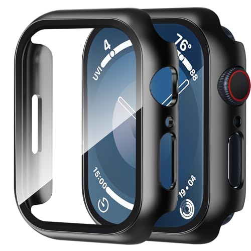 Smiling 2 Pack Case Compatible with Apple Watch Series 9 (2023)/Series 8 /Series 7 45mm with Tempered Glass Screen Protector, Hard PC Overall Protective Cover- Black