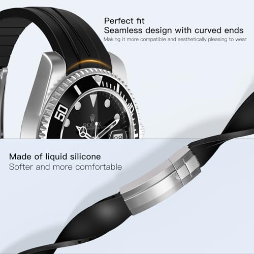 Wentokye 20mm 21mm 22mm Rubber Watch Band for Rolex Watch Strap Soft Curved Replacement Strap for Men & Women （20mm black）