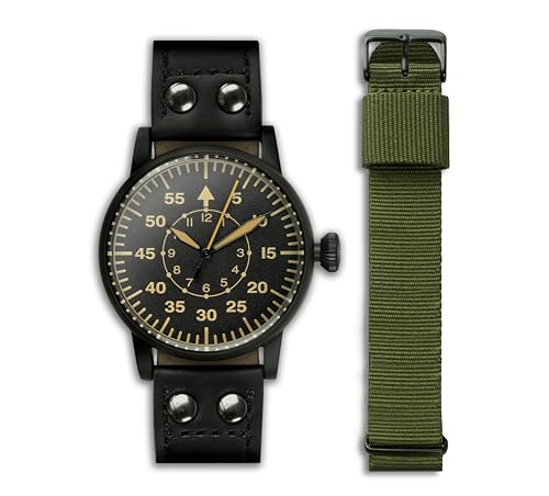 WARTIME | WW2 Military Watch Luftwaffe Black Edition – Vintage Pilot Watch with Swiss-Made Movement, Gun Black Steel Case, Superluminova Hands, Genuine Leather & two Straps, 10 ATM Water Resistant – WWII Collector’s Ammunition Box