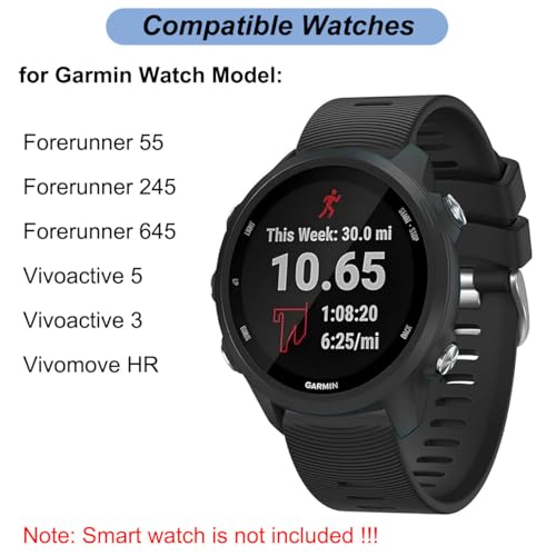20mm Watch Band for Garmin Forerunner 55/Forerunner 245/Vivoactive 5/Vivoactive 3, Soft Silicone Band Replacement Strap for Garmin Smart Watch (Black)