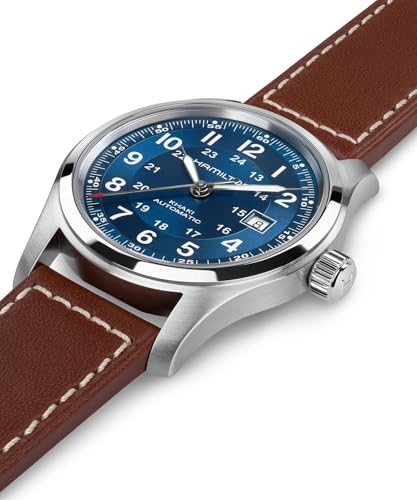 Hamilton Khaki Field Automatic Mens Watch, 42mm Stainless Steel Case, Swiss Made, Blue Dial Analog Wrist Watch for Mens 100 Meters Water resitance, Sapphire Crystal, 3-Hand Movement, Leather Strap