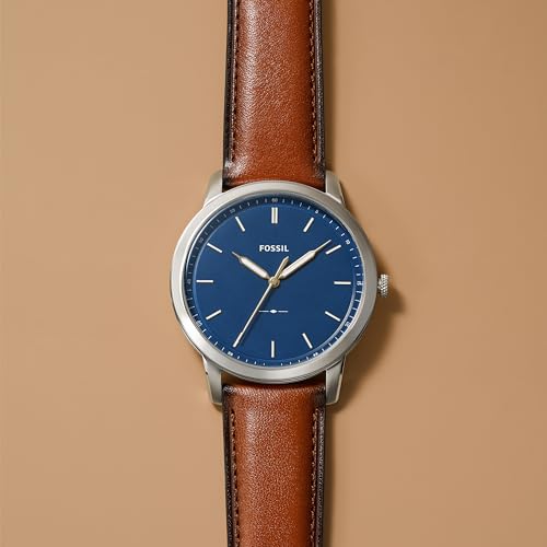 Fossil Men's Minimalist Quartz Stainless Steel and Brown Leather Three-Hand Watch for Men, Color: Silver, Luggage