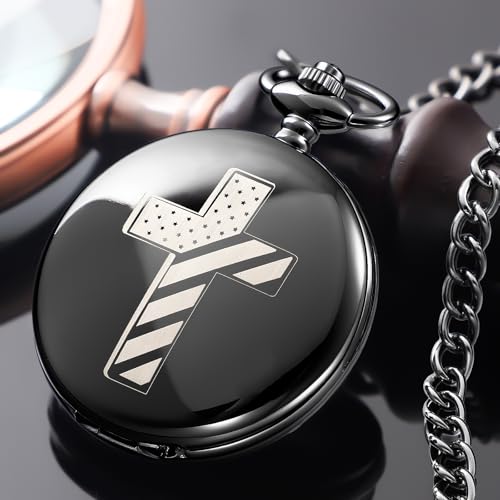 Tiong Bible Verse Pocket Watch Vintage Quartz Pocket Watches Cross American Flag Pattern with Chain Christmas Graduation Birthday Gifts Father's Day