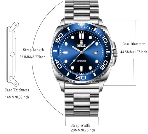 RUIGE new Men's Fully Automatic Mechanical Watch Stainless Steel Calendar Men's Rotating Bezel Fashion Trend Night Light Waterproof Watch A8-2 (Blue)