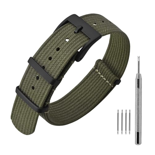 ANNEFIT Nylon Watch Band 20mm, One-Piece Waterproof Military Watch Straps with Heavy Black Buckle (Army Green)