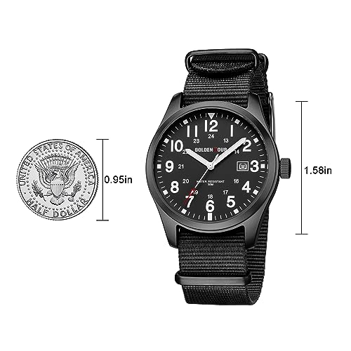 GOLDEN HOUR Men's Nylon Slip-Thru Strap Watch with Military Time Easy Read Dial Glowing Hands in Black