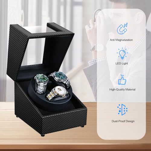 J&T Technology Watch Winder for Automatic Watches,Automatic Watch Winder with LED Light,Rotating Watch Case with Japanese Quiet Motor,4 Rotation Modes,USB Type C