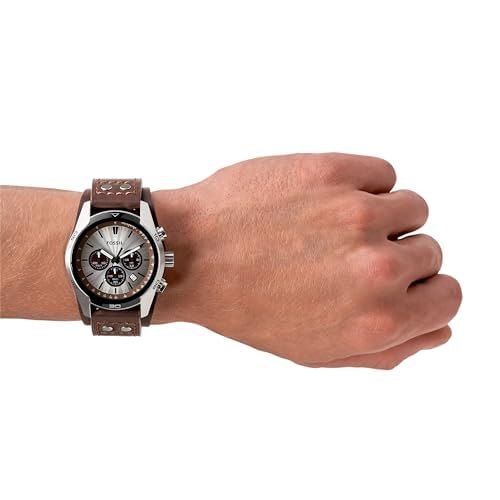 Fossil Men's Watch, Coachman Quartz Stainless Steel and Chronograph Leather Watch for Men, Color: Silver, Brown