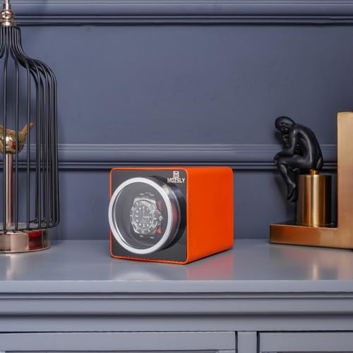 MOZSLY Single Watch Winder for Automatic Watches with Quiet Motor 12 Rotation Mode Setting Orange Leather