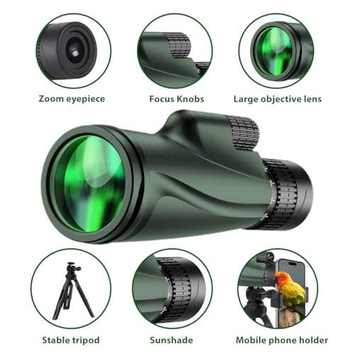 Monocular Telescope 80x100, Wide Field HD Monoculars for Adults with Tripod & Phone Adapter, Perfect for Bird Watching, Hunting, Hiking & Outdoor Activities -Green