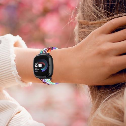 Braided Magnetic Bands Compatible with Fitbit Versa 4/Fitbit Versa 3/Sense 2/Sense 1,Soft Stretchy Elastic Nylon Sport Loop Strap for Women Men (Black)