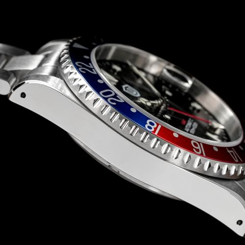 watchdives GMT Watches for Men WD0014 Dual Time Zone Dive Watch NH34 Automatic Vintage Wristwatch 40mm Aluminum Bezel (Black White/Red Blue)