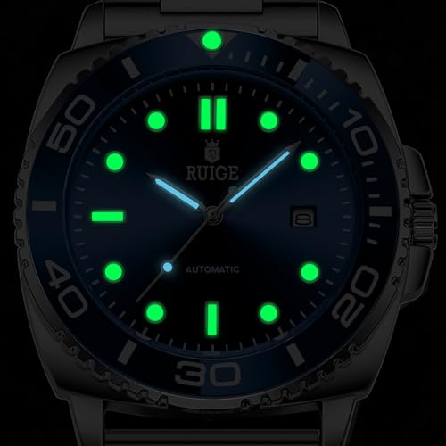 RUIGE new Men's Fully Automatic Mechanical Watch Stainless Steel Calendar Men's Rotating Bezel Fashion Trend Night Light Waterproof Watch A8-2 (Blue)