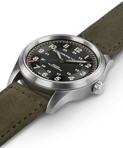 Hamilton Khaki Field Titanium Automatic Men's Watch, 38mm Titanium Case, Swiss Made, Black Dial Analog Wrist Watch for Men, 100m Waterproof, Sapphire Crystal, 3-Hand Movement, Cow Leather Strap