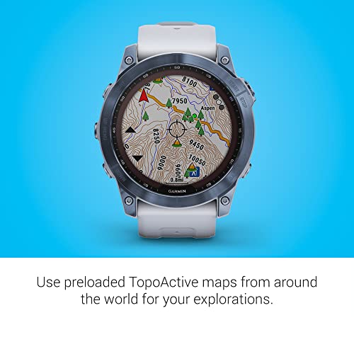 Garmin Fenix 7X Sapphire Solar, Adventure Smartwatch, w/Solar Charging Capabilities, Rugged Outdoor GPS Watch, Touchscreen, Wellness Features, Mineral Blue Titanium w/Whitestone Band (Renewed)