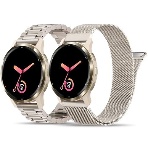 Compatible with Garmin Vivoactive 5 Watch Band/Vivoactive 6/3, 20mm Stainless Steel 2 Pack Metal and Mesh Bracelet Strap Wristband for Forerunner 165/55/245/570-42mm/Venu/Venu Sq Women Men Accessory