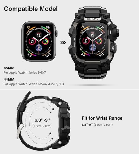 ULTIMAL Rugged Case with Band for Apple Watch 44mm,Compatible with Apple Watch Series SE 3/SE 2/SE Generation/6/5/4, Military Grade Shockproof Bumper Cover for iWatch Tactical Band Men (Black, 44mm)
