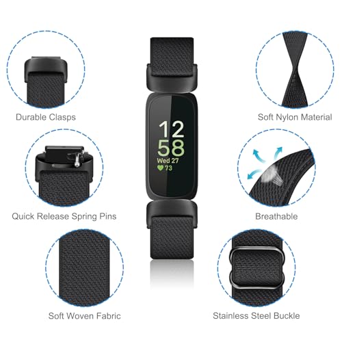 FINTIE Elastic Bands Compatible with Fitbit Inspire 3, Adjustable Stretchy Nylon Loop Band Breathable Replacement Strap Accessory Wristband, Black