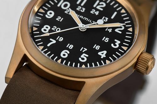 Hamilton Khaki Field Mechanical Men's Watch, 38mm Bronze and Titanium Case, Swiss Made, Black Dial Analog Wrist Watch for Men, 50m Waterproof, Sapphire Crystal, Cow Leather Strap