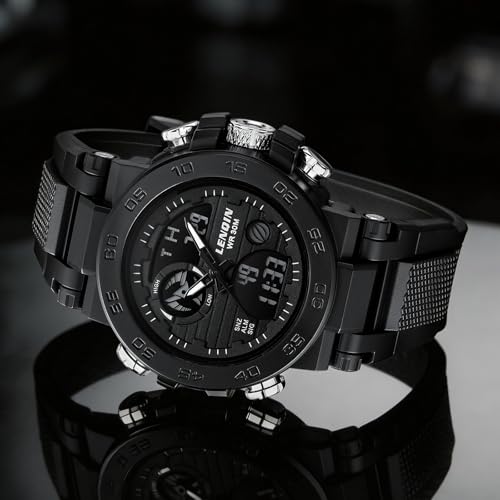 LN LENQIN Mens Watches Digital Military Watch for Men Stopwatch Army Survival Tactical Sports Outdoor Big Face Waterproof Men's Wrist Watches with LED Backlight/Timer/Alarm/Date (Black)