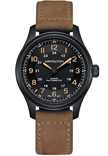 Hamilton Khaki Field Titanium Automatic Men's Watch, 42mm Titanium Case, Swiss Made, Black Dial Analog Wrist Watch for Men, 100m Waterproof, Sapphire Crystal, 3-Hand Movement, Cow Leather Strap