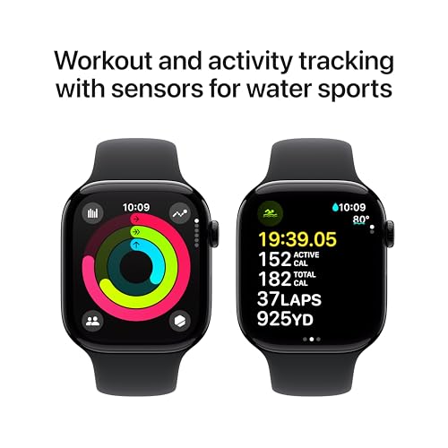 Apple Watch Series 10 [GPS 46mm case] Smartwatch with Jet Black Aluminum Case with Black Sport Band - M/L. Fitness Tracker, ECG App, Always-On Retina Display, Water Resistant