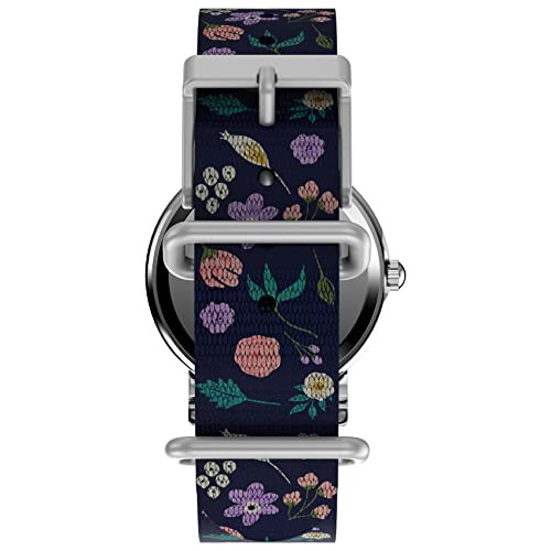 Timex Womens Watch Peanuts Weekender Casual Ladies Wristwatch - Featuring Snoopy and Woodstock in a Floral Motif, Silver-Tone Case with Blue Fabric Strap (31mm)