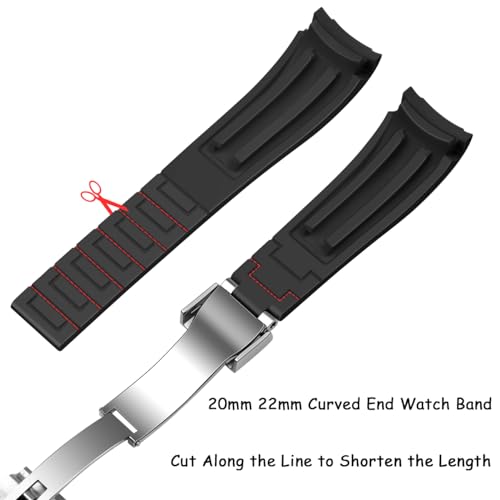 Juntan 22mm Curved End Rubber Watch Band, Tapered Silicone Curved Replacement Watch Strap Black for Men Women with Classic Diving Buckle