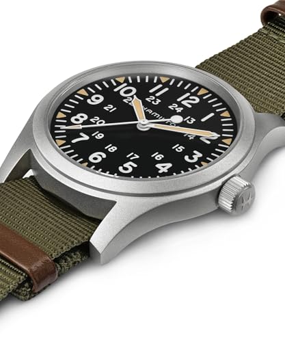 Hamilton Khaki Field Mechanical Men's Watch, 42mm Stainless Steel Case, Swiss Made, Black Dial Analog Wrist Watch for Men, 50m Waterproof, Sapphire Crystal, Textile Strap
