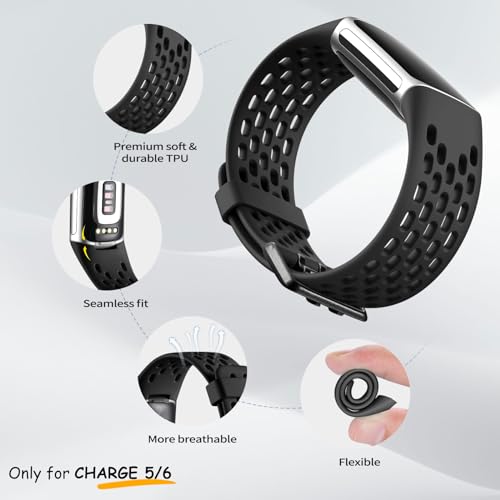 Maledan Compatible with Fitbit Charge 5/ Charge 6 Bands Men Women, 3 Pack Sport Band Soft Waterproof Replacement Wristbands Breathable Strap for Fitbit Charge 5/ Charge 6, Black/Slate Blue/Green