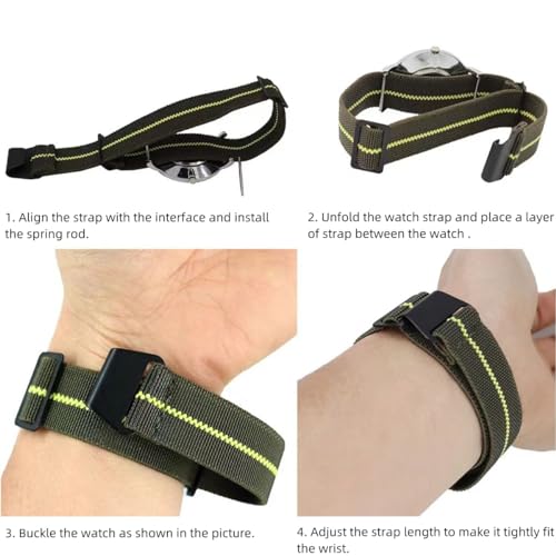 Danxancy French Troops Paratrooper Watchband,Military Elastic Nylon Watch Strap with Hook-and-Loop for Men Women Silver & Black Buckle 18/20/22mm