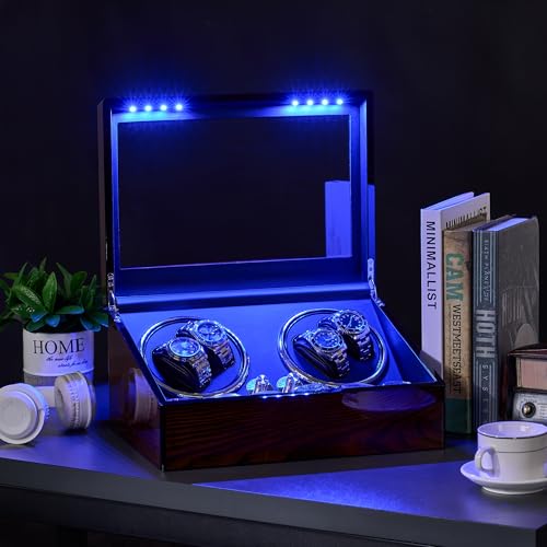 BEWISHOME Watch Winders for Automatic Watches, Automatic Watch Winder Box Watch Spinner with LED Light, 4 Watch Winder with Quiet Running Motor and 6 Storage Case for Man/Woman's Watches, Brown SYQ01Y