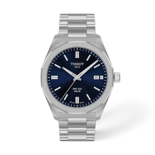 Tissot PRC 100 Solar, Blue Dial, 39mm Watch for Men, Silver Stainless Steel Bracelet, Solar Quartz Movement, T1514221104100