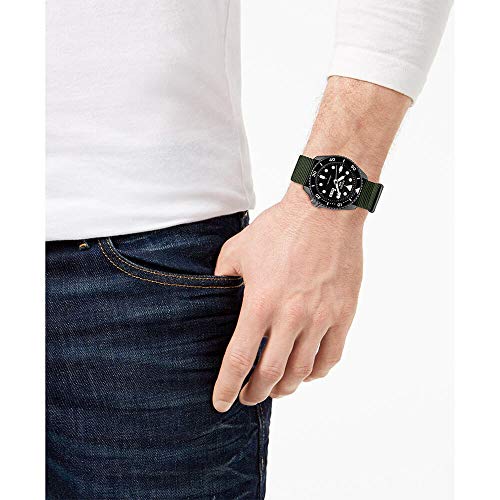 SEIKO SRPD91 Watch for Men - 5 Sports - Automatic with Manual Winding Movement, Black Dial with Black Bezel, Black Ion Stainless Steel Case, Green Nylon Strap, and Day/Date Display