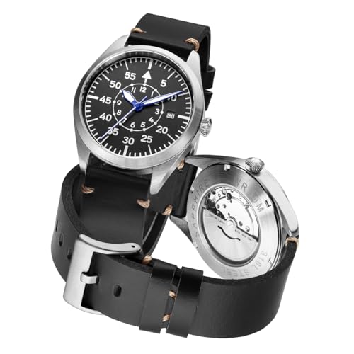 Boyarca Pilot Watch Men's Aviator Wrist Watch Japan Automatic Movement Retro Mechanical Watches Stainless Steel Case with Luminous Waterproof (Black B)