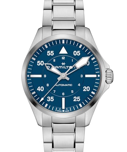 Hamilton Khaki Aviation Pilot Automatic Men's Watch, 39mm Stainless Steel Case, Swiss Made, Blue Dial Analog Wrist Watch, 100m Waterproof, Sapphire Crystal, 3-Hand Movement, Stainless Steel Strap