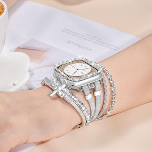Boho Bracelet & Case Compatible with Apple Watch Band 40mm 44mm 45mm 46mm 41mm 38mm 42mm(S11 S10) Women, Dressy beaded Handmade Leather Strap for iWatch Series11 10 9 8 7 6 5 4 3 2 1 SE