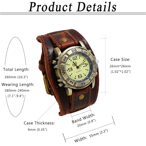 Avaner Men's Vintage Leather Watches: Retro Punk Wide Band Cuff Steampunk Analog Quartz Wrist Watch