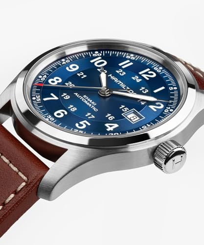 Hamilton Khaki Field Automatic Mens Watch, 42mm Stainless Steel Case, Swiss Made, Blue Dial Analog Wrist Watch for Mens 100 Meters Water resitance, Sapphire Crystal, 3-Hand Movement, Leather Strap