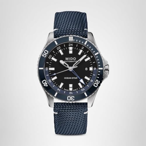 MIDO Ocean Star GMT - Swiss Automatic Watch for Men - 44mm Stainless Steel Case with Black Ceramic Rotating Bezel - Black Dial - Blue Fabric Strap - M0266291705100
