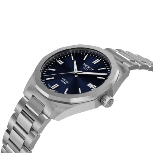 Tissot PRC 100 Solar, Blue Dial, 39mm Watch for Men, Silver Stainless Steel Bracelet, Solar Quartz Movement, T1514221104100
